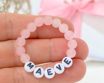 Pink Rose Quartz Baby Bracelet, Personalized Toddler And Infant Jewelry, Custom Name Girls Bracelet, Baby Shower Gift, Lil Sis Big Sis, Mom
