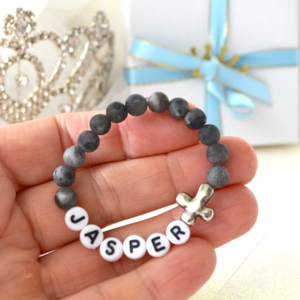 Boys Silver Cross Bracelet, Boys Personalized Gemstone Bracelet, Baptism gift, Baby Shower Gift, Toddler Newborn, Lil Bro, Christening