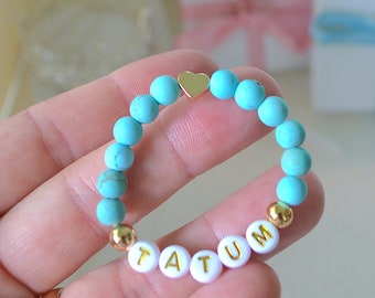 Gold Heart Turquoise Baby Bracelet, Baby Shower Gift, Gift for Girls, Lil Sis Big Sis, Personalized Newborn Infant jewelry, Gift for Her