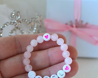 Pink Heart Rose Quartz Baby Bracelet, Personalized Infant Bracelet, Baby Shower Gift, Silver Pink Girls Bracelet, Name Bracelet Jewelry