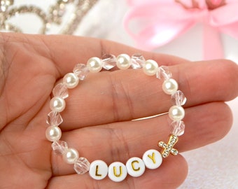 Pearl Crystal Sparkle Cross Girls Bracelet, Personalized Baby Bracelet, Baptism Gift, Baby Shower Gift, First Communion, Newborn Toddler
