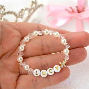 Pulsera de niña con cruz de cristal brillante y perlas, pulsera personalizada para bebé, regalo de bautismo, regalo de baby shower, primera comunión, recién nacido
