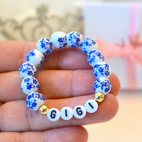 Blue Porcelain Floral Bracelet, Personalized Bohemian Name Bracelet, Girls Bracelet, Kids jewelry, Mother Daughter Bracelet, Gift For Her