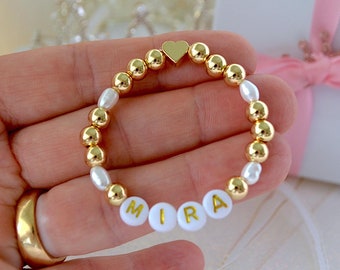 18K Gold Pearl Personalized Baby Bracelet with Natural Pearls – Custom Name Toddler Jewelry, Gold Heart Charm, Baby Shower Gift, Lil Sis