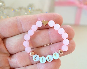 Personalized Rose Quartz Bracelet with 18K Rose Gold Heart, Custom Jewelry for Babies and Woman, Baby Shower, Mother’s Day, Christmas Gift