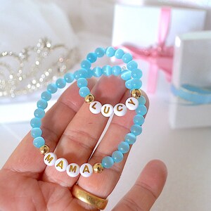 Mother Daughter Personalized Name Bracelet Gifts, Baby Shower Gift ideas, Mama Baby Aqua Blue Cats Eye Gemstone Bracelets, 18K Gold Plated