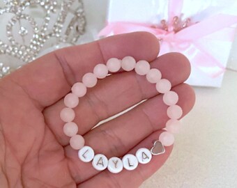 Girls Bracelets, Pink Rose Quartz Baby Bracelet, Silver Heart, Personalized Infant Bracelet, Baby Shower Gift, Baby Announcement, Toddler