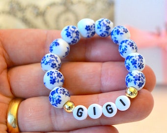 Blue Porcelain Floral Bracelet, Personalized Bohemian Name Bracelet, Girls Bracelet, Kids jewelry, Mother Daughter Bracelet, Gift For Her