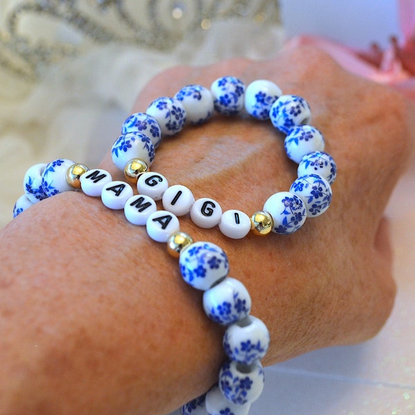 Bohemian Blue Flower Porcelain Mother Daughter Bracelet, Mama Mini Bracelet, Personalized Daughter Mom Gift, Girls Bracelet, Besties, BFF