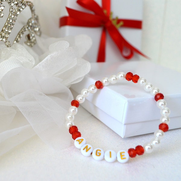 Valentines Girl Bracelet, Valentines Gift Kids, Sparkly Red Crystal & Pearl Bracelet, Personalized Name Bracelet, Best Friends, Love Gift