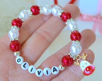Pulsera roja navideña para niñas, pulsera de diamantes de imitación brillantes para niños, pulsera de perlas personalizada para niñas, dije de reno, regalo para niños
