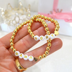 Personalized Mama and Me Bracelet Set, Gold Beaded Name Bracelets, Tiny Heart Mother Daughter Jewelry, Mother’s Day Gift, Baby Girl Keepsake