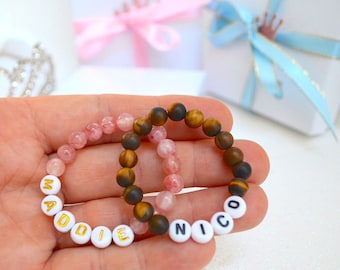 Girls or Boys Baby Bracelet, Personalized Twin Bracelets, Newborn Twin Jade & Tiger Eye Bracelet, Baby Shower Gift, Twin Jewelry, Toddler