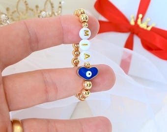 Personalized 14K Gold Evil Eye Baby Bracelet, 18K Gold Beaded Name Bracelet, Baby Girl Protection Jewelry, Baby Shower and Baptism Gift