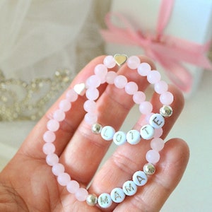 First Day School Mama Daughter Bracelet Set, Silver Heart Pink Rose Quartz Girls Bracelet, Personalized Baby Shower Gift, Mama Mini Bracelet