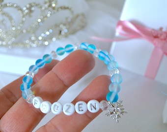 Aqua Blue Snowflake Charm Bracelet, Aura Angel Quartz, Personalized Name Bracelet