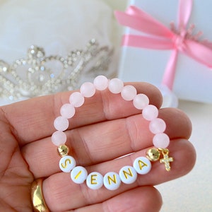 18k Gold Cross Girls Bracelet, Rose Quartz Baby Bracelet, Personalized Baby Jewelry, Baptism Gift, Baby Shower, Christening Gift, Rhinestone