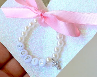 Silver Cross Pearl Bracelet for Baby Girl, Personalized Baby Shower Gift, Cubic Zirconia Rhinestone Cross Bracelet, Baptism Gift, Newborn