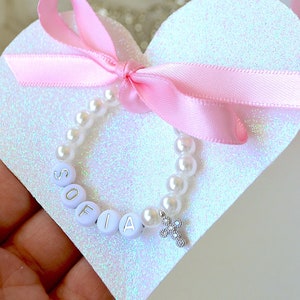 Silver Cross Pearl Bracelet for Baby Girl, Personalized Baby Shower Gift, Cubic Zirconia Rhinestone Cross Bracelet, Baptism Gift, Newborn