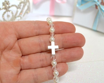 Girls Pearl and Sparkling Crystal Cross Bracelet for Teens Adults, Personalized Faith Jewelry, Baptism, First Communion, Christening Gift