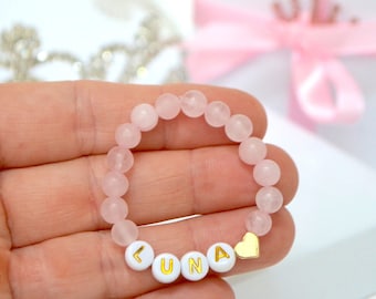 Personalized Rose Quartz Baby Bracelet with 18K Gold Heart, Custom Newborn, Toddler And Girls Jewelry, Baby Shower Gift, Lil Sis Big Sis
