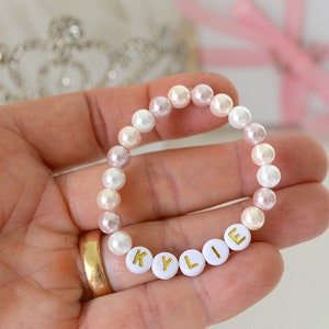 Pink Ivory White Pearl Name Bracelet, Girls Personalized Bracelet, Baby Shower Gift, Colorful Pearls Jewelry, Custom Baby Bracelet, Toddler