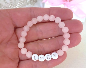 Pink Rose Quartz Girls Bracelet, Personalized Name Bracelet, Infant Toddler Jewelry, Birthday Gift, Baby Shower Gift, Custom Baby Bracelet