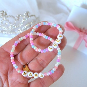 First Day School Mother & Daughter Gift, Rainbow Glass Seed Glossy Personalized Name Bracelet, Girl Bracelet, Baby Shower Gift, Mama Mini image 3