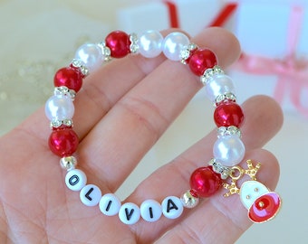 Christmas Red Bracelet Little Girls, Kids Sparkly Rhinestone Bracelet, Personalized Girls Pearl Bracelet, Reindeer Charm, Gift for Kids