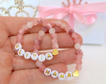 18K Gold Heart Pink Jade Mama & Baby Bracelet, Baby Shower Gift, Mother Daughter Personalized Bracelet, Mom Baby, Gift For Girls, Mother Day
