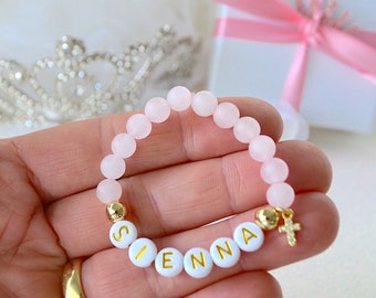 18k Gold Cross Girls Bracelet, Rose Quartz Baby Bracelet, Personalized Baby Jewelry, Baptism Gift, Baby Shower, Christening Gift, Rhinestone