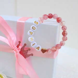 18K Gold Heart Pink Jade Baby Bracelet, Baby Shower Gift, Personalized Girls Bracelet, Handmade Kids Jewelry, Best Friends, Newborn Bracelet