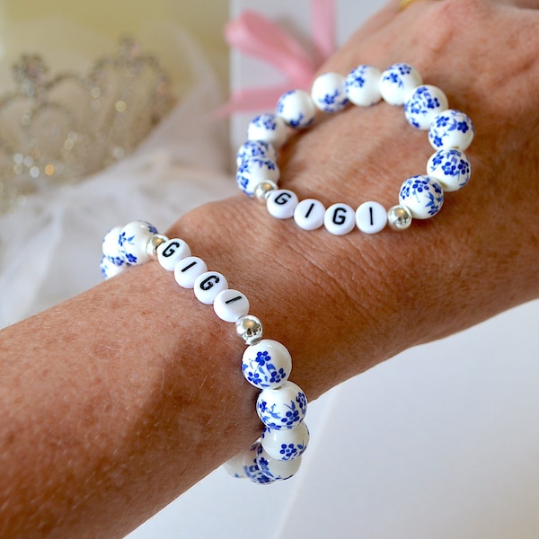 Silver Accent Floral Porcelain Blue Bracelet, Bohemian Name Bracelet, Girls Bracelet, Kids Jewelry, Gigi, Mother Daughter, Gift For Her
