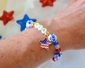 Personalized USA Crystal Girls Bracelet, Blue Floral Porcelain Bracelet, America 250 Girl Jewelry, Patriotic Name Bracelet