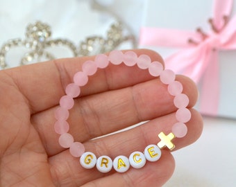 18K Gold Cross Girls Bracelet, Rose Quartz Baby Bracelet, Personalized Baby Jewelry, Baptism Gift, Baby Shower Gift, Christening, Communion