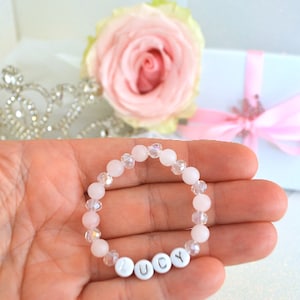 diamond crystal rose quartz girls bracelet, personalized bracelet, baby shower gift, baby bracelet, stocking stuffer toddler, kids bracelet