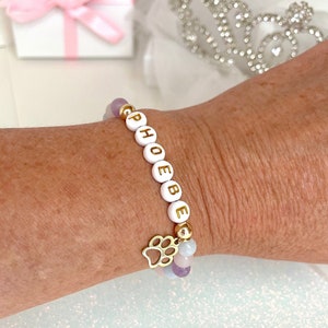 Custom Paw Pet Name Bracelet, Dog Mom, Gift for Her, Girls Personalized Gemstone BraceletMemorial Pet Bracelet, Pet Jewelry, Pet Gift