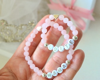 First Day School Mama Daughter Bracelet Set, Silver Heart Pink Rose Quartz Girls Bracelet, Personalized Baby Shower Gift, Mama Mini Bracelet