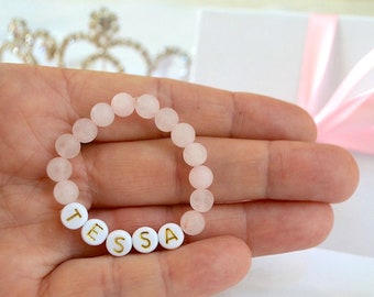 Pink Rose Quartz Baby Bracelet, Personalized Infant Bracelet, Baby Shower Gift, Baby Announcement, Pink Girls Bracelet, Baby Jewelry Toddler