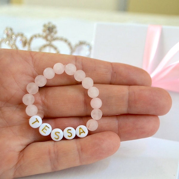 Pulsera de bebé de cuarzo rosa rosa, pulsera infantil personalizada, regalo de baby shower, anuncio de bebé, pulsera rosa para niñas, joyería para bebés para niños pequeños