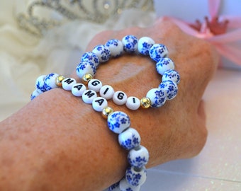 Bohemian Blue Flower Porcelain Mother Daughter Bracelet, Mama Mini Bracelet, Personalized Daughter Mom Gift, Girls Bracelet, Besties, BFF