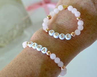 Rose Quartz Mama & Mini Bracelet Set, Personalized Rose Gold Heart