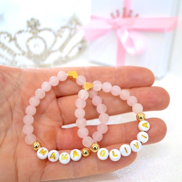 Mama Baby Bracelet 18K Gold Heart Pink Rose Quartz, Mothers day Gift, Minimalist, Baby Shower Gift, Personalized Mom Gift, Newborn Toddler