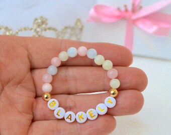 Pastel Quartz Gemstone Baby Bracelet & Two Gold Beads, Personalized Gift, Baby Shower Gift, Baby Girl Bracelet, Newborn Toddler Gift