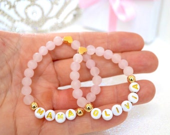 Mama Baby Bracelet 18K Gold Heart Pink Rose Quartz, Mothers day Gift, Minimalist, Baby Shower Gift, Personalized Mom Gift, Newborn Toddler