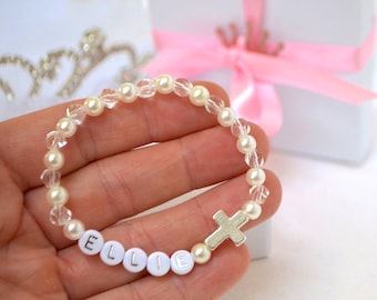 Pearl Crystal Sparkle Cross Bracelet, Girls Personalized Cross Bracelet, First Communion Bracelet, Silver Kids Cross Bracelet, Confirmation