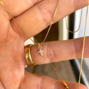 Tiny Diamond Cross Girls Gold Necklace, Children&#39;s 17 Inch Gold Necklace, Baptism Baby Shower Gift, First Communion, Religious, Christening