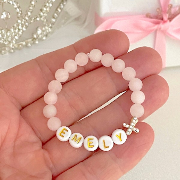 18K Gold Cross Zirconia Rhinestone Girls Bracelet, Pink Rose Quartz Baby Bracelet, Personalized, Baptism gift, Christening, Baby Shower