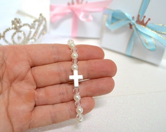 Girls Pearl & Sparkly Crystals Personalized Bracelet, Silver Kids Cross Bracelet, Baby Baptism Gift, Baby Shower, First Communion Jewelry