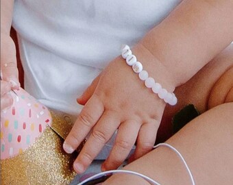Christmas Pink Rose Quartz Baby Bracelet, Personalized Girls Jewelry, Baby Shower and Newborn Holiday Gift, Kids Holiday Gift, Besties